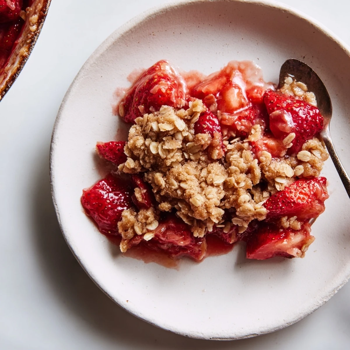 Slice of Fresh Strawberry Crisp Recipe served warm, steam rising, cinnamon-scented