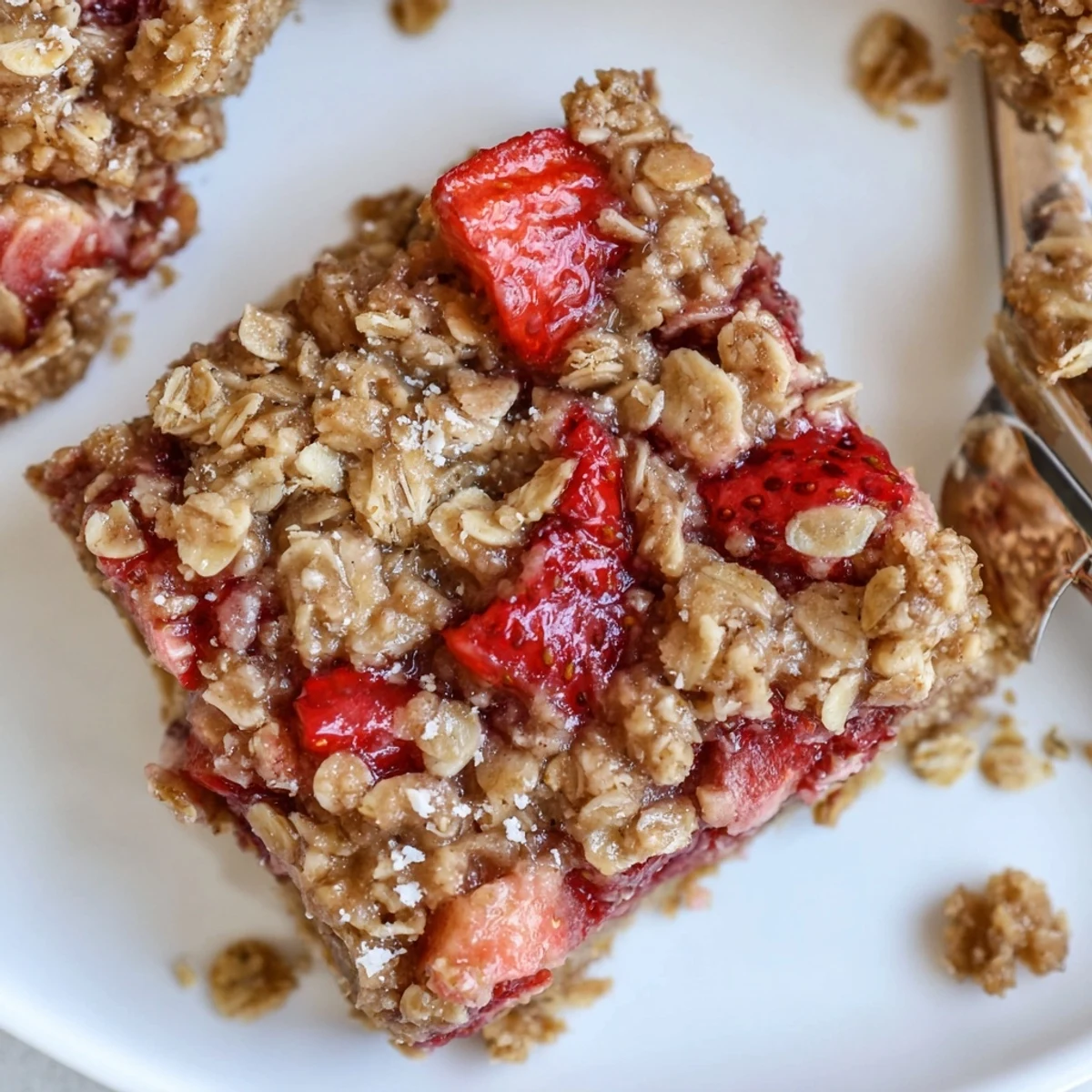 Strawberry Oatmeal Crumble Bars cooling on parchment, golden crumble and juicy filling