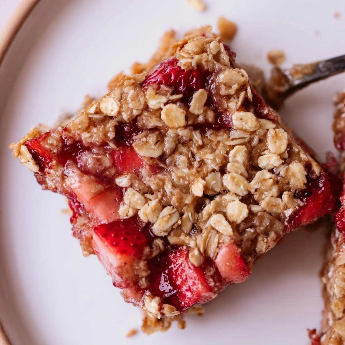 Warm Strawberry Oatmeal Crumble Bars topped with melting vanilla ice cream
