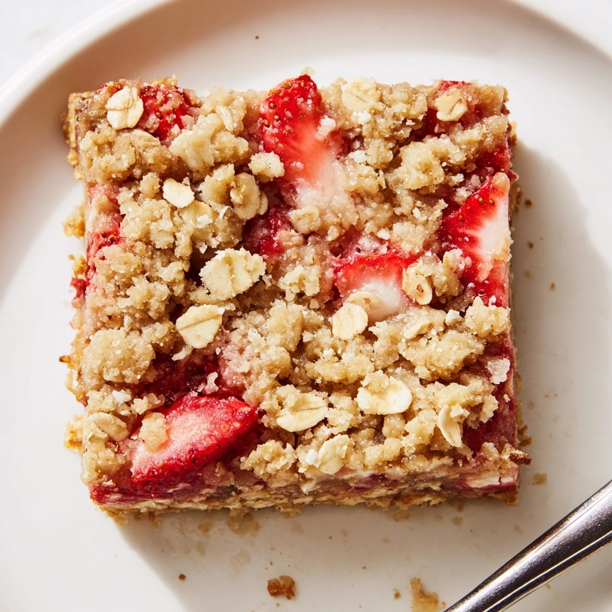 Homestyle Strawberry Oatmeal Crumble Bars sliced on wooden board, oats visible