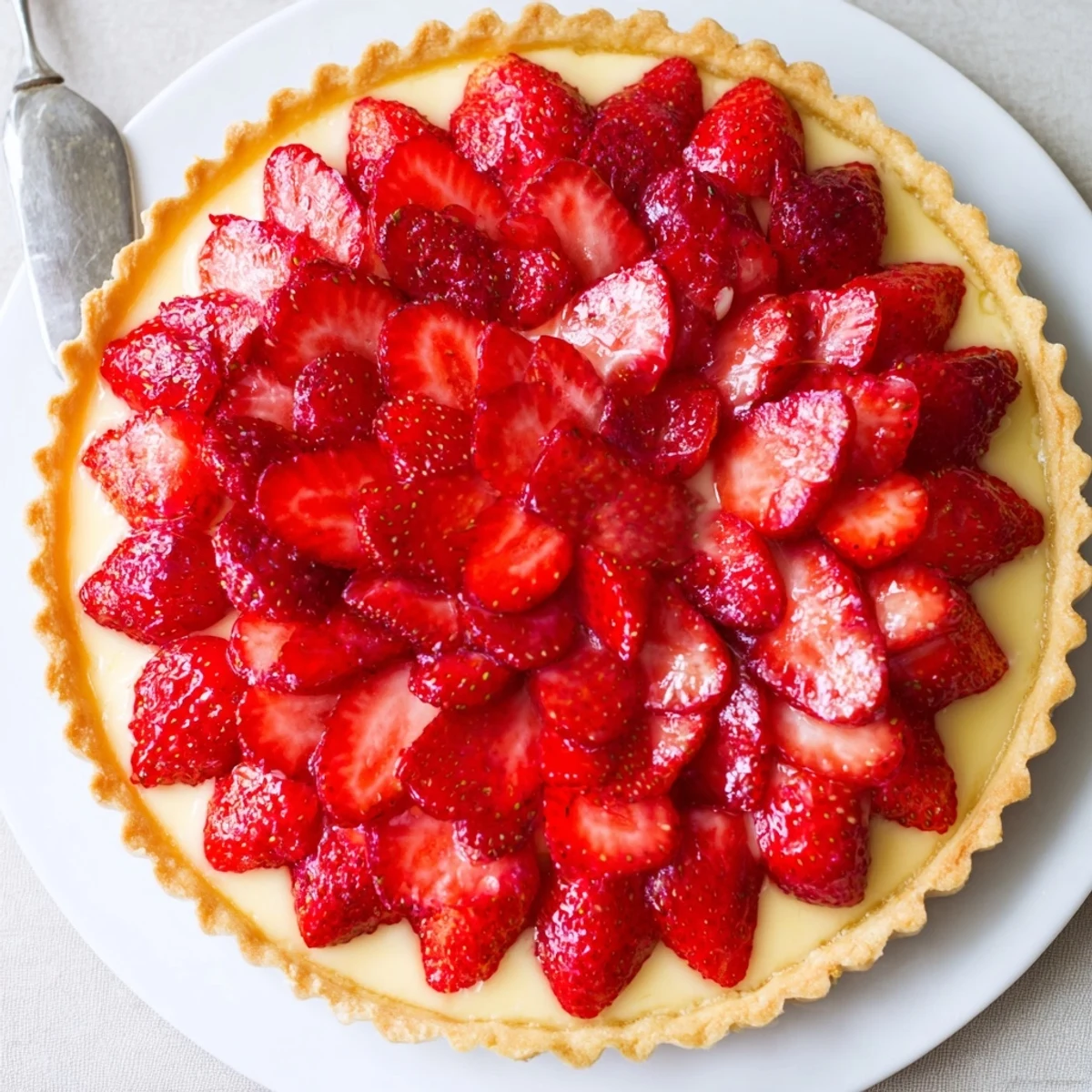 Tarte aux Fraises with glossy apricot glaze, creamy custard and sliced strawberries.