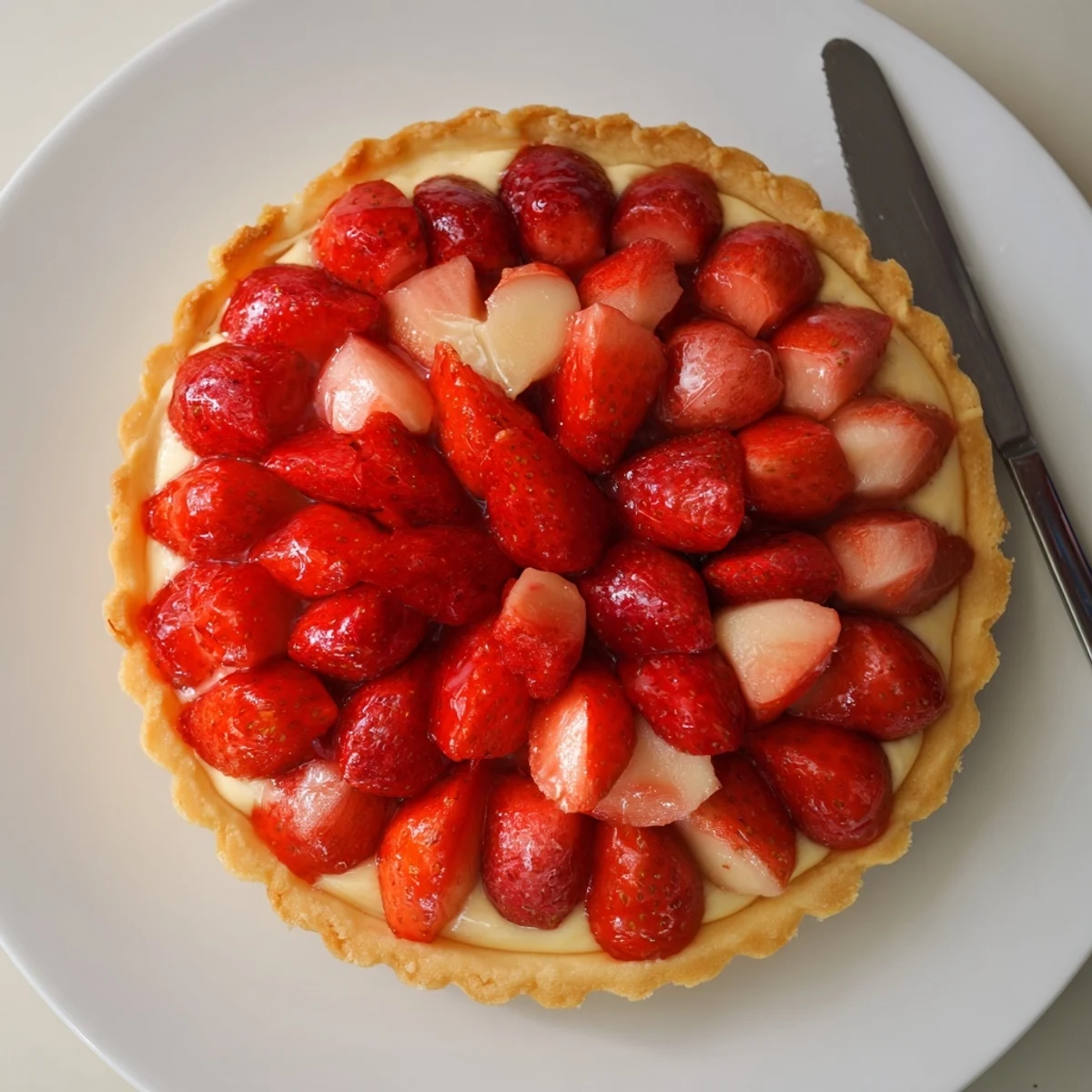 Bright Tarte aux Fraises topped with juicy berries, vanilla pastry cream, spring dessert.