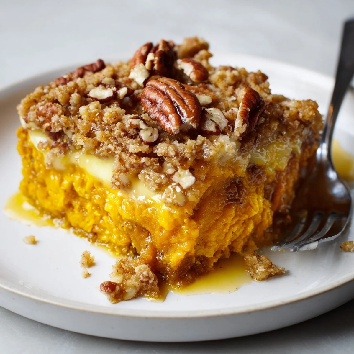 Pumpkin Dump Cake with golden pecan crunch, warm gooey spiced center