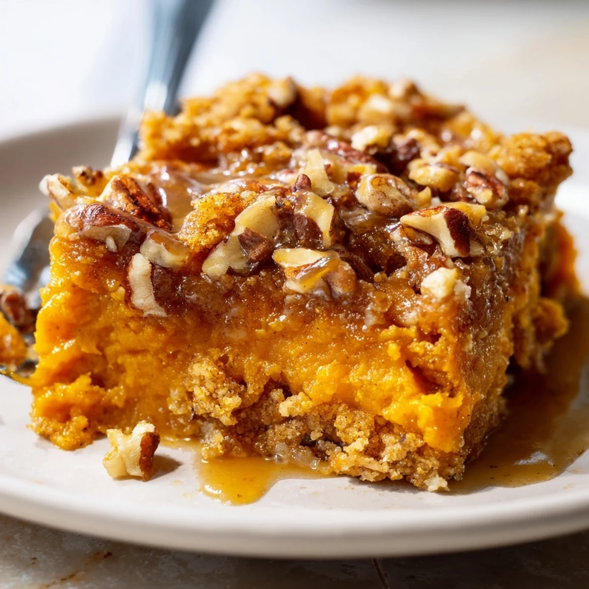 Baked Pumpkin Dump Cake cooling in pan, spiced aroma filling kitchen