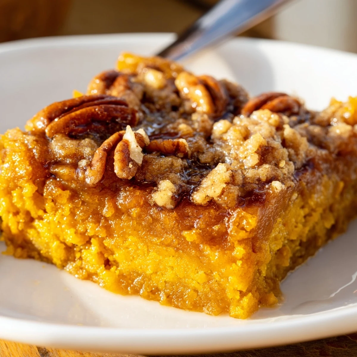 Homestyle Pumpkin Dump Cake served warm with melting vanilla ice cream