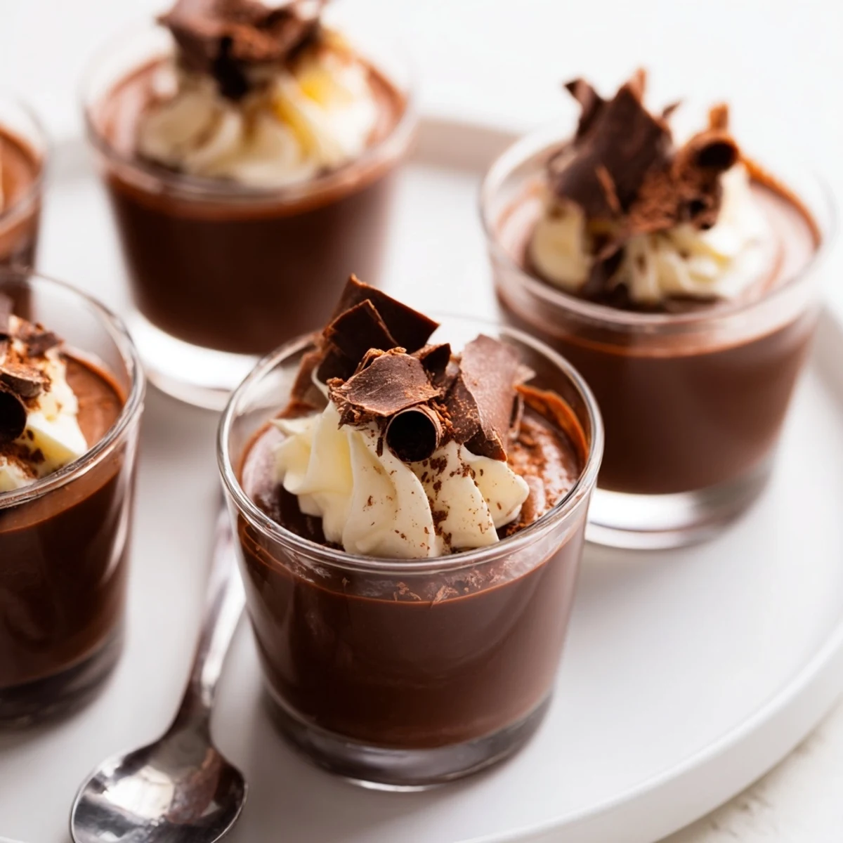 Triple Chocolate Mousse Cups layered in glass, silky dark to white swirls
