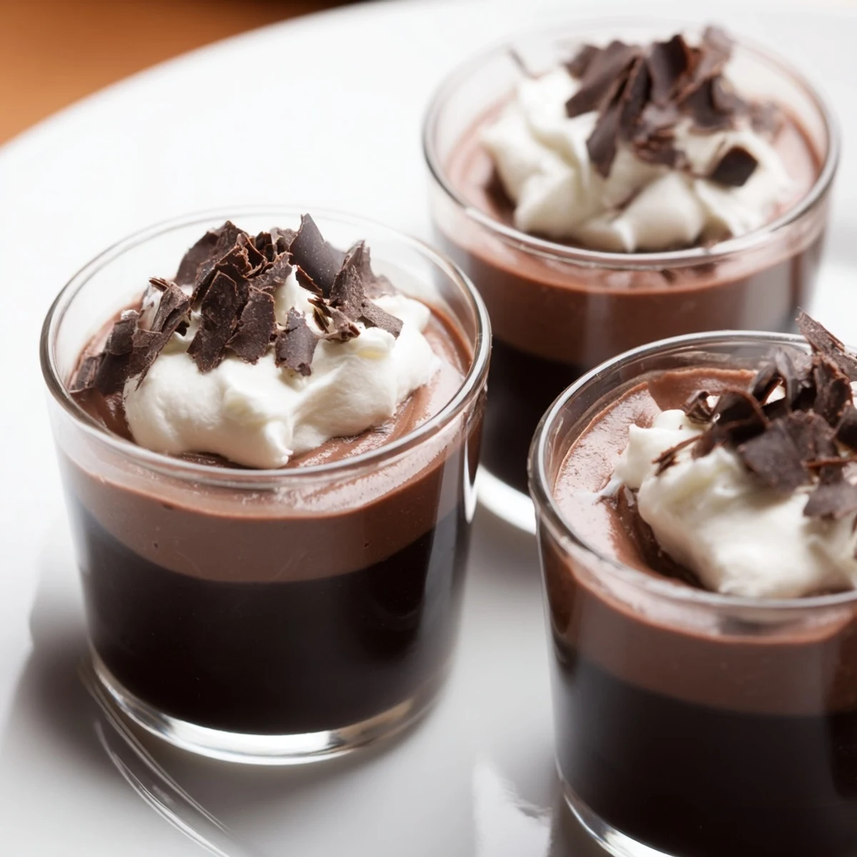 Creamy Triple Chocolate Mousse Cups chilled, topped with shaved chocolate and cocoa