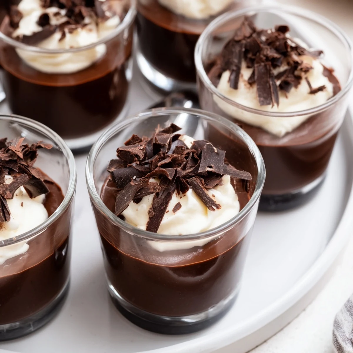 Individual Triple Chocolate Mousse Cups piped neatly, rich aroma, perfect after-dinner treat