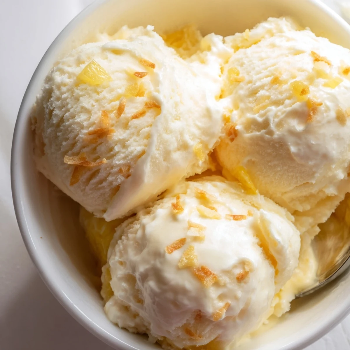 Homemade Creamy Pineapple Ice Cream chilled in bowl, bright tropical flavor  