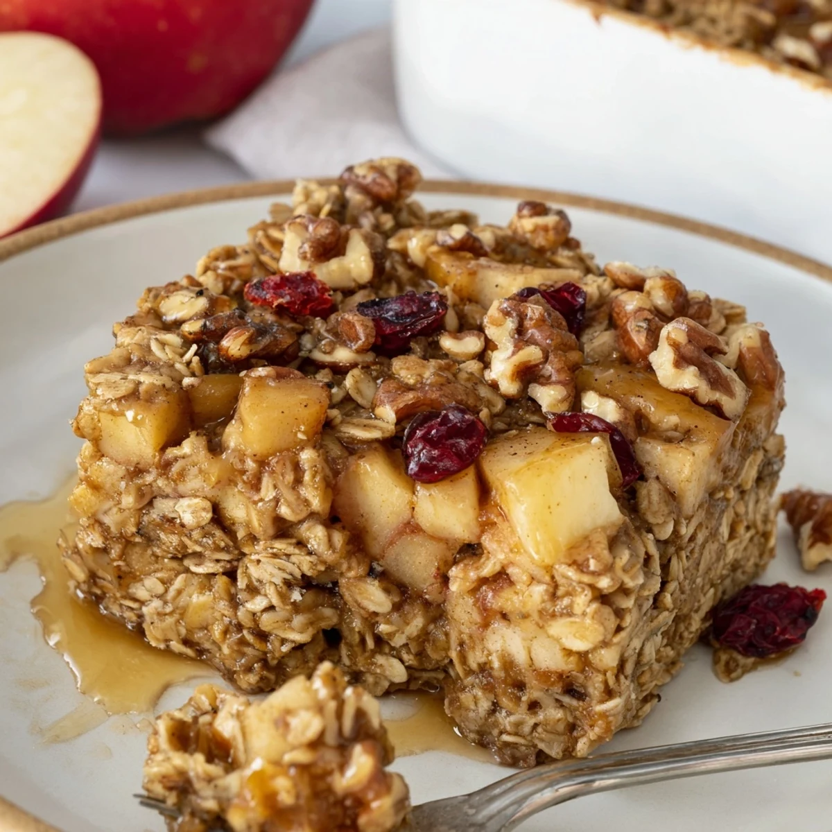 Warm Apple Cinnamon Oatmeal Bake fresh from oven, steaming with cinnamon aroma
