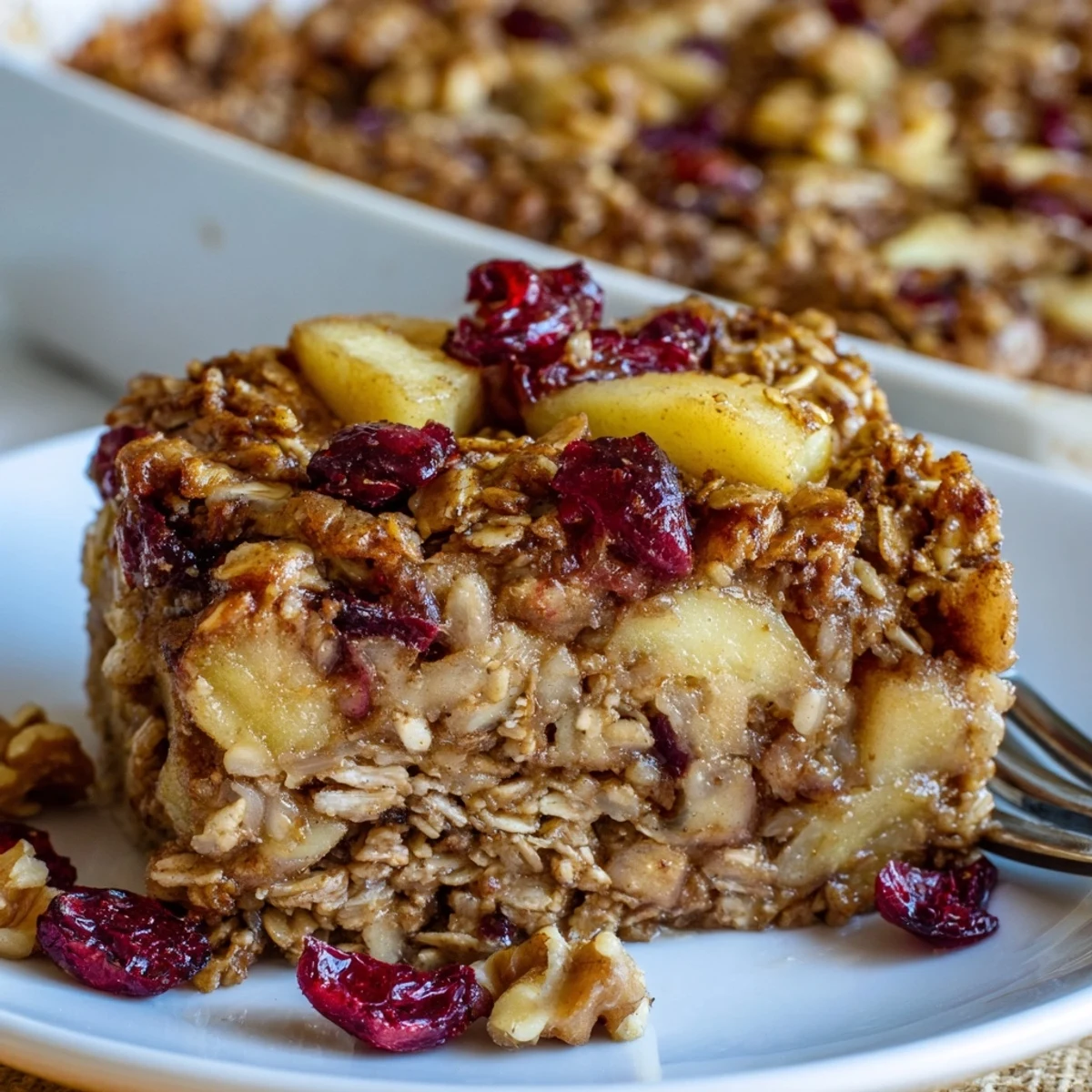 Homestyle Apple Cinnamon Oatmeal Bake studded with apples and walnuts, golden crust