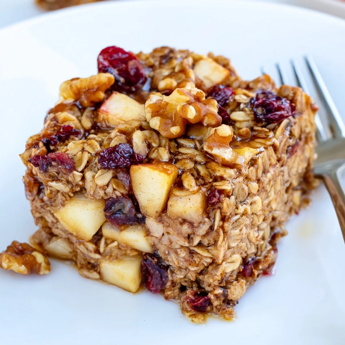Sliced Apple Cinnamon Oatmeal Bake on plate, drizzled maple syrup, cozy morning