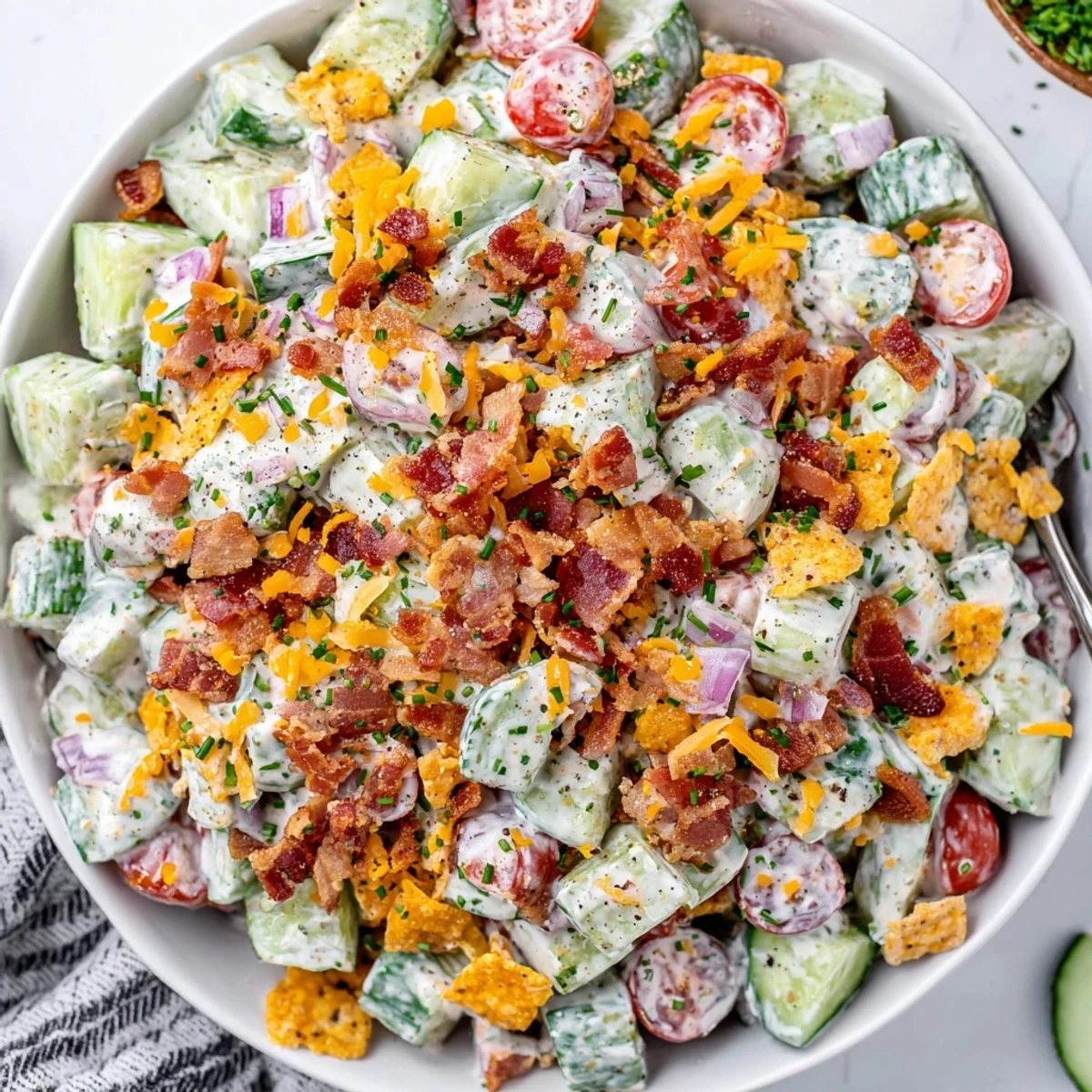 Cucumber Ranch Crack Salad piled in bowl, creamy ranch, crispy bacon topping.