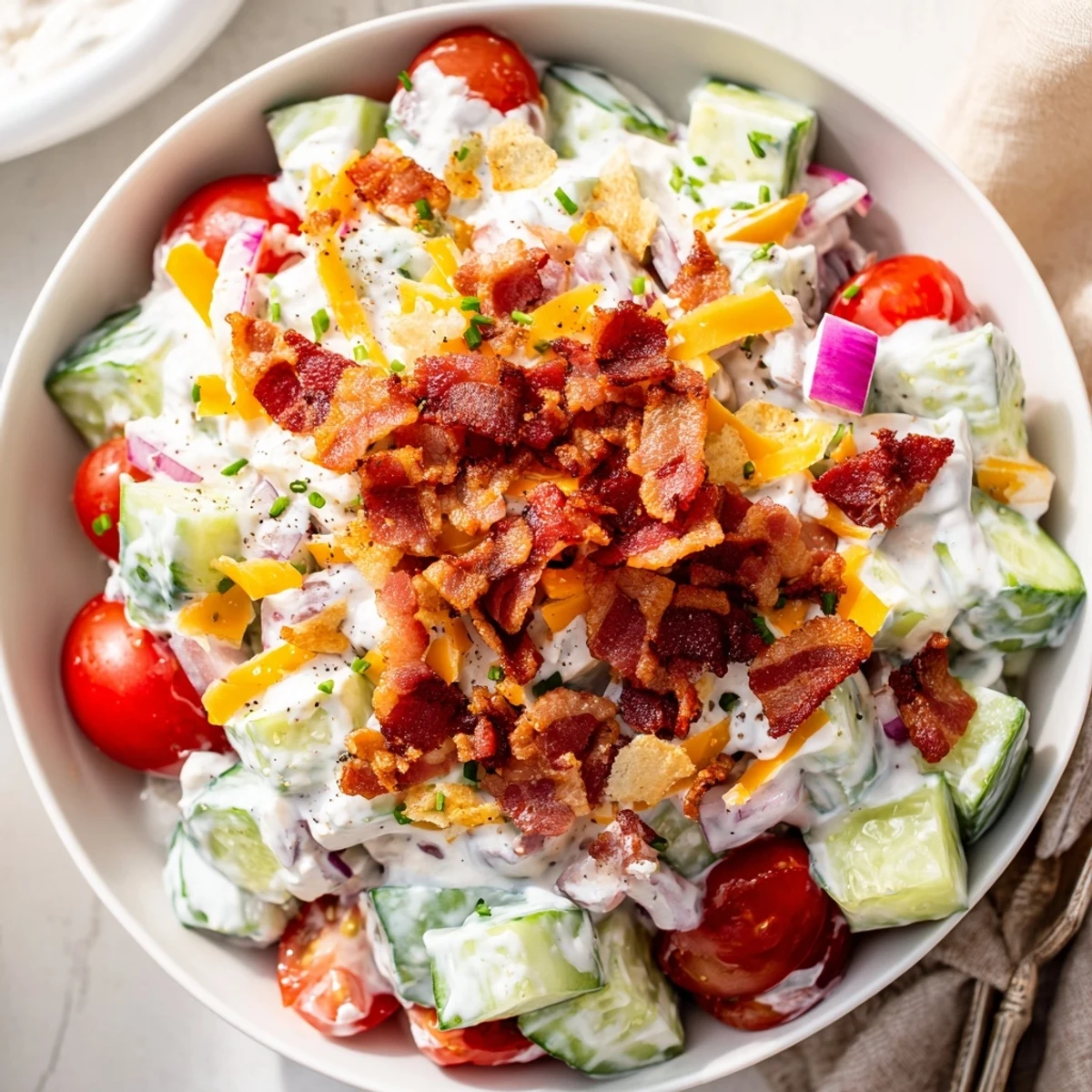 Bright Cucumber Ranch Crack Salad glistening with ranch dressing, smoky bacon, crunchy chips.