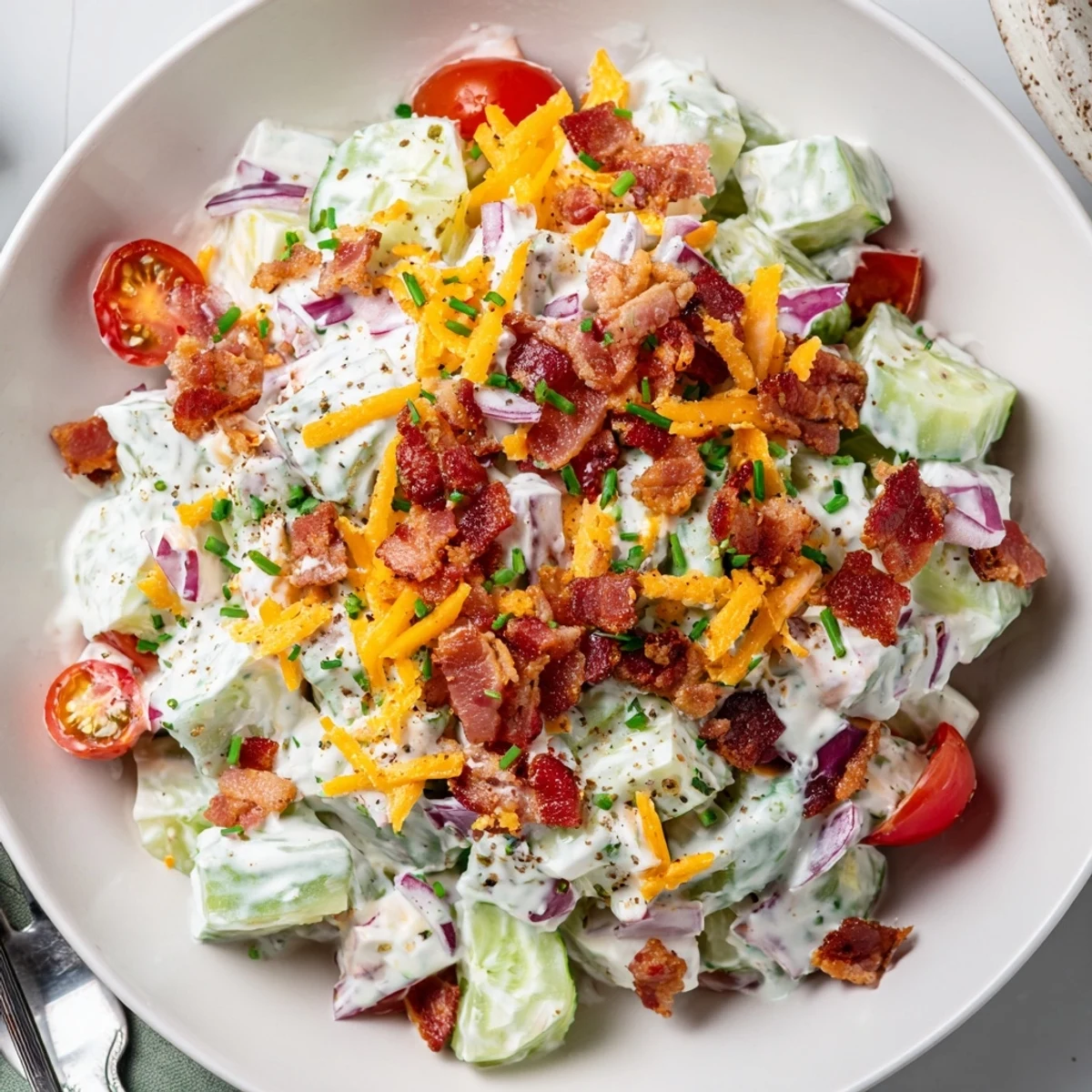 Ready to serve Cucumber Ranch Crack Salad with sharp cheddar and chips.