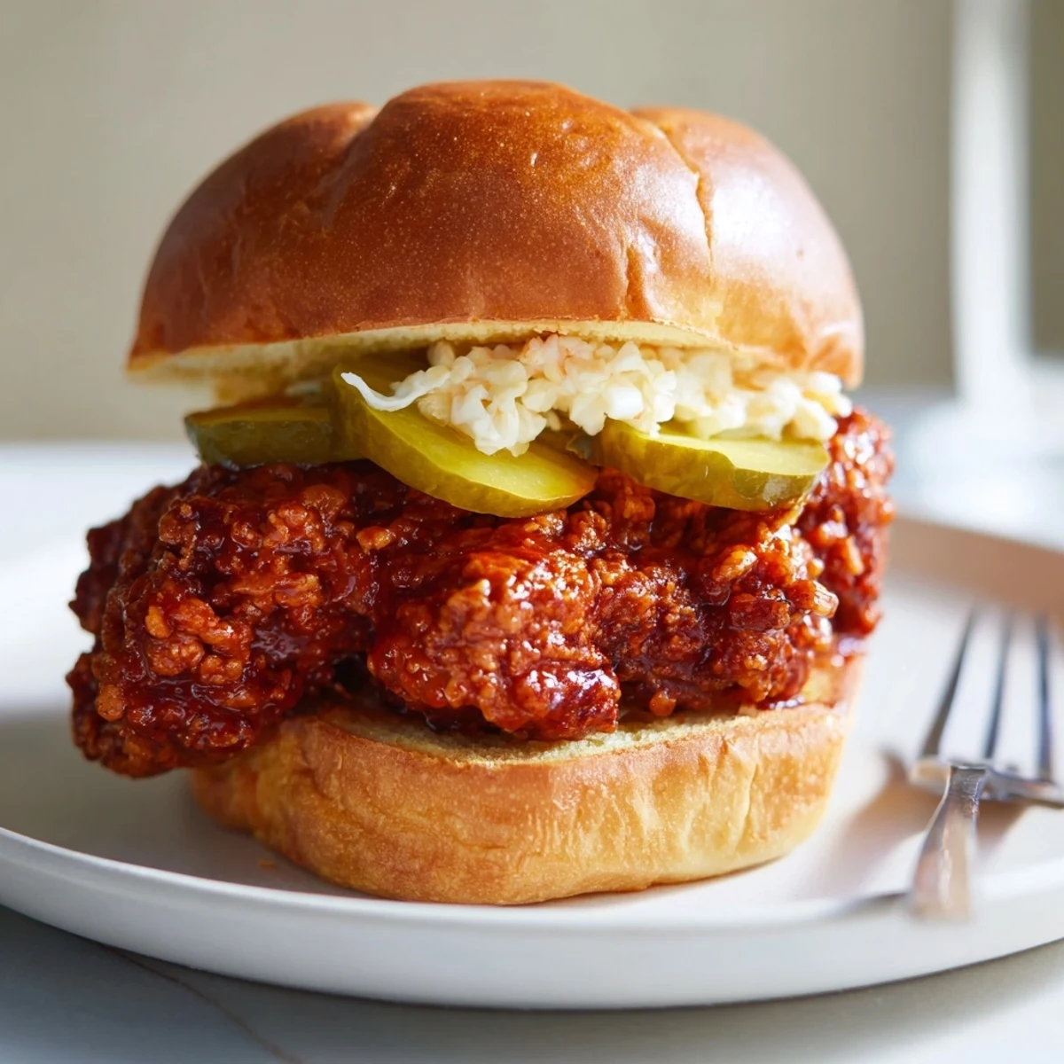 Crispy fried thighs brushed with fiery sauce in Spicy Nashville Hot Chicken Sandwiches