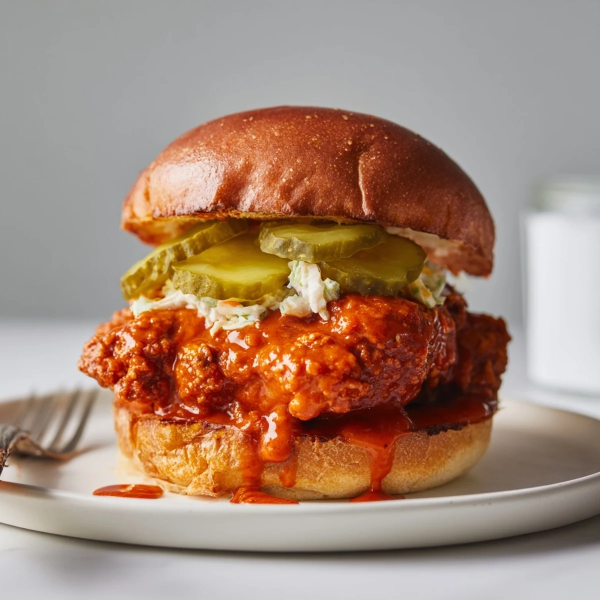 Spicy Nashville Hot Chicken Sandwiches piled with creamy slaw and crunchy pickles