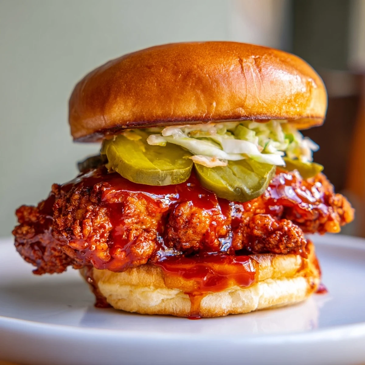 Juicy, smoky chicken on toasted brioche—Spicy Nashville Hot Chicken Sandwiches served hot