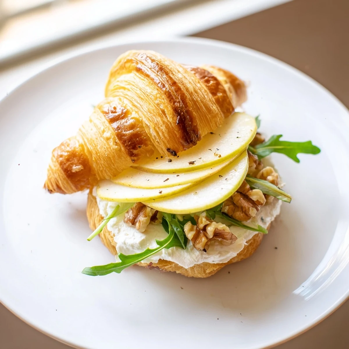 Close-up of Apple Goat Cheese Croissant Sandwich drizzled with honey, arugula peeking