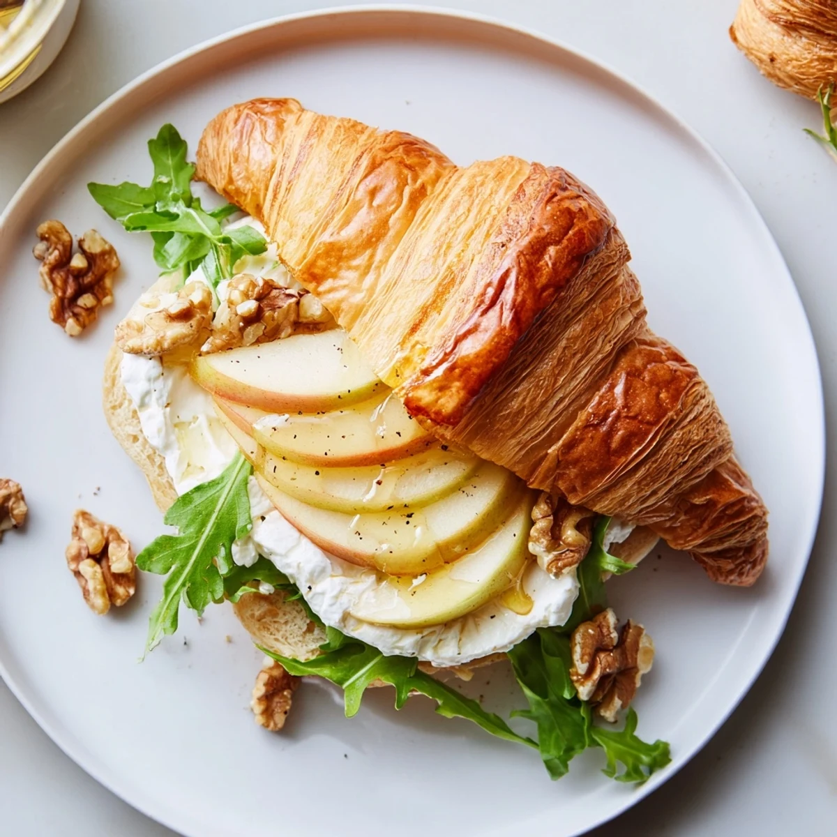 Apple Goat Cheese Croissant Sandwich on wooden board, creamy cheese and crunchy walnuts