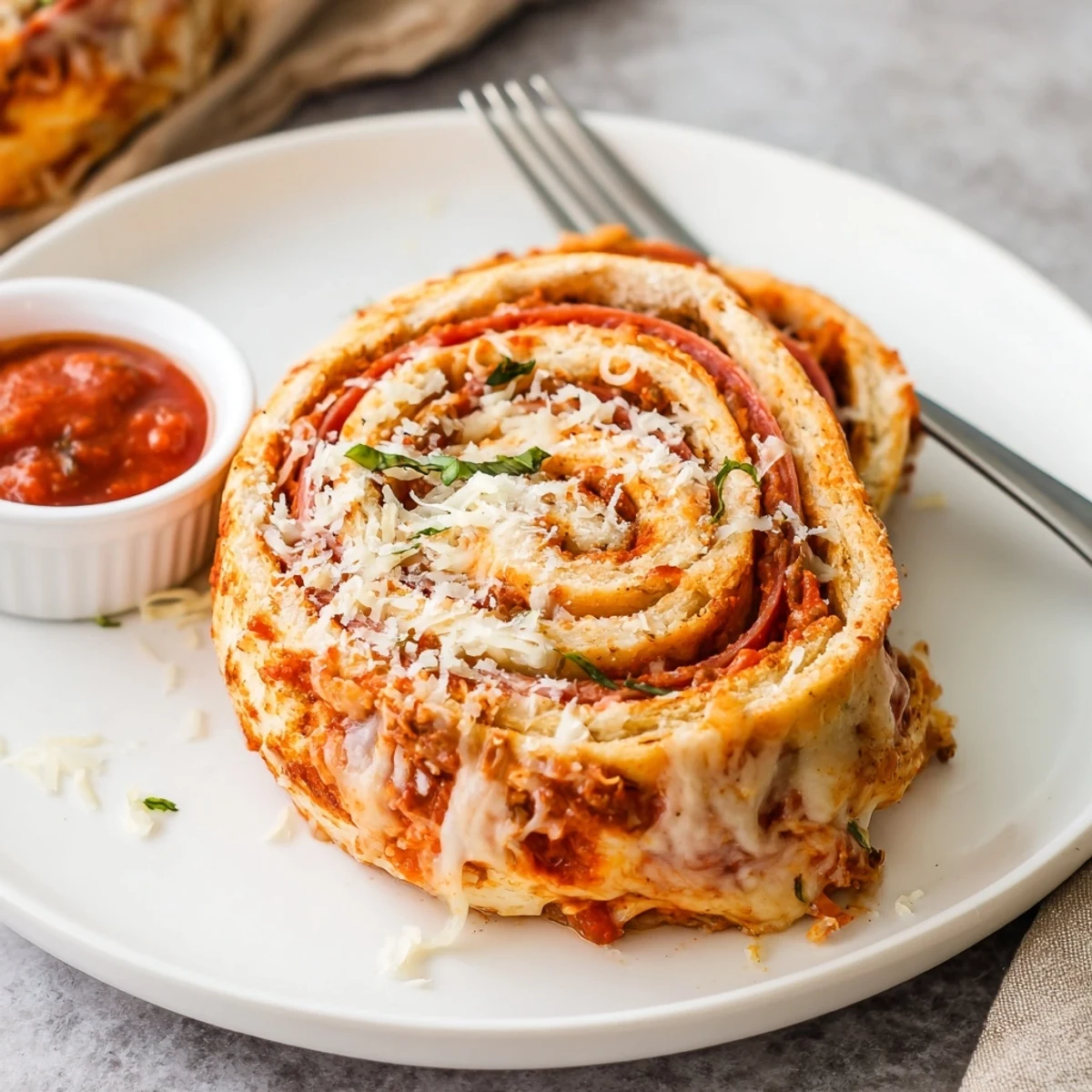 Golden, bubbling Cheesy Beef Pepperoni Pizza Roll Ups Snack Recipe on parchment  