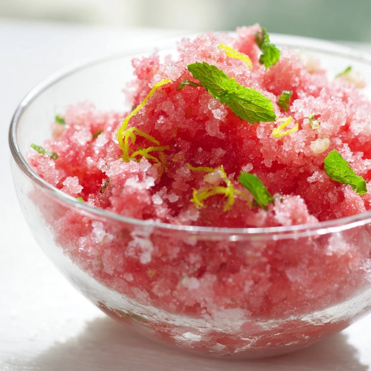 Fluffy pink watermelon granita served in chilled glasses garnished with fresh mint leaves