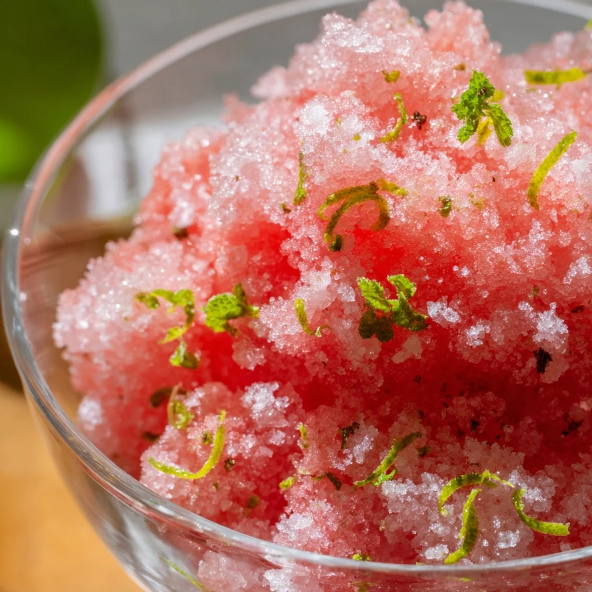 Raspberry-colored icy watermelon granita scraped into light crystals with lime zest on top