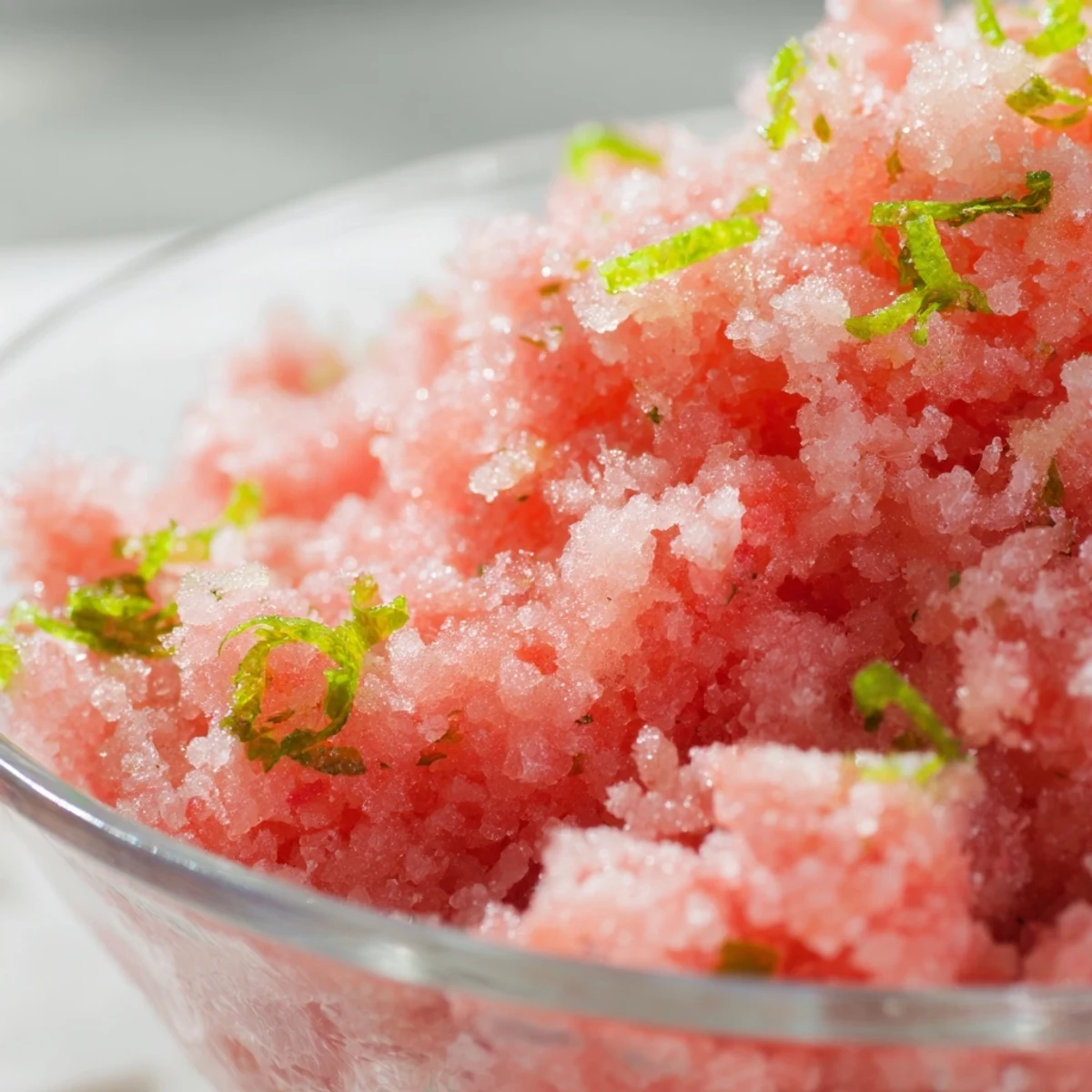Vegan gluten-free watermelon granita in clear bowl showcasing fluffy texture and bright pink hue