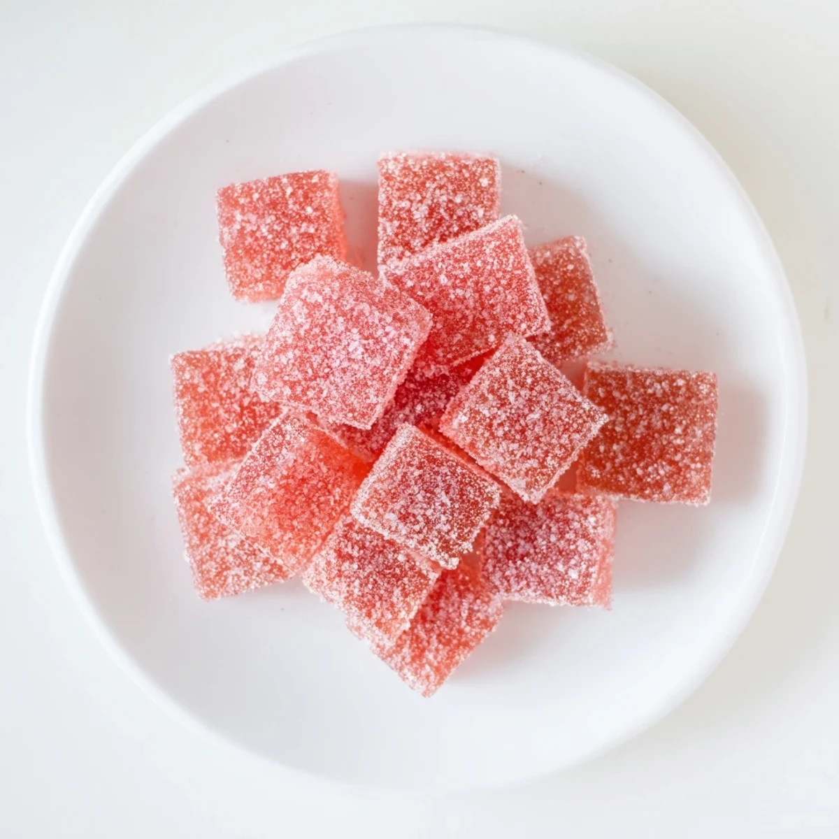 Chewy sour watermelon fruit chews coated in tangy citric sugar, arranged on a white plate