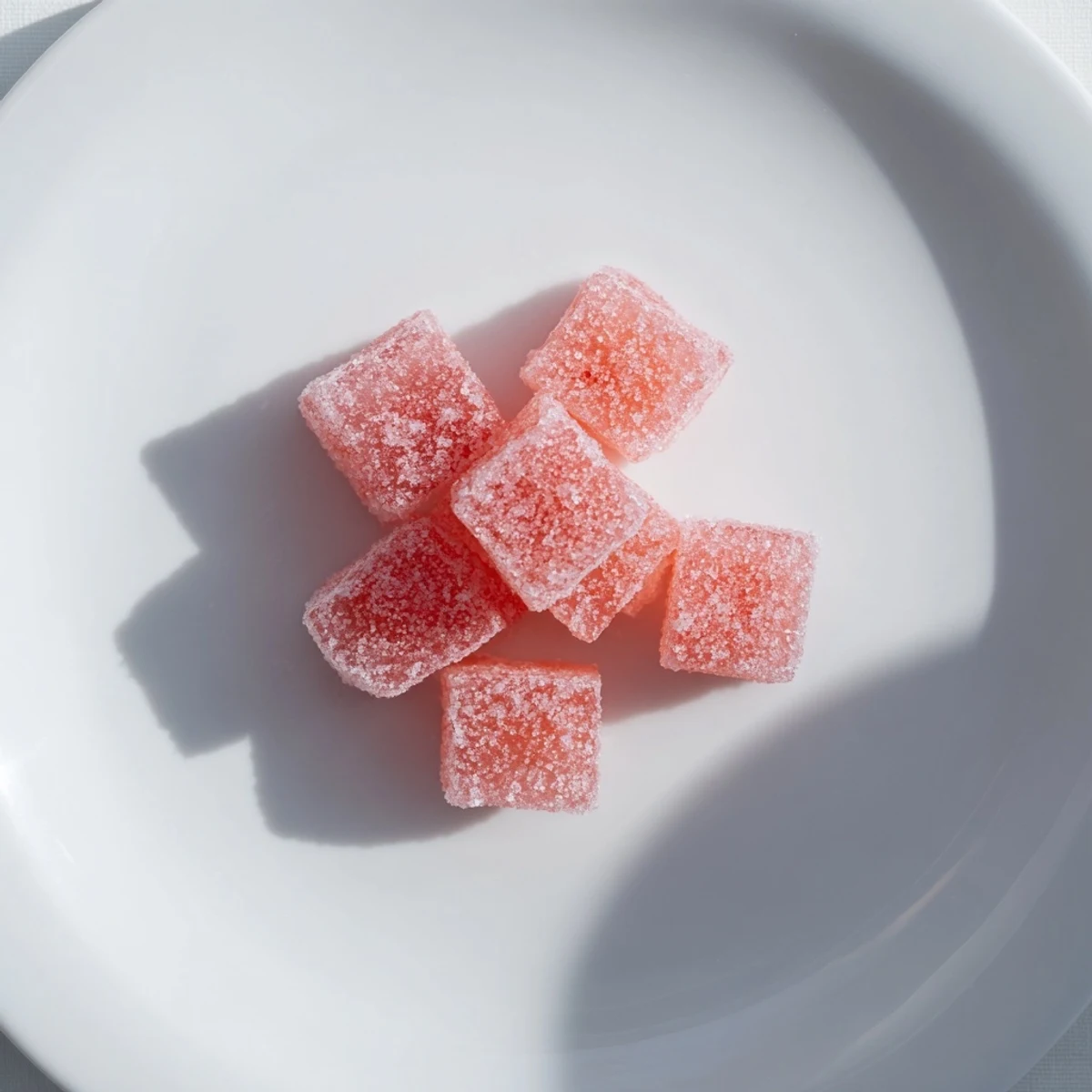 Homemade watermelon fruit chews with glossy pink centers and sparkling white sour coating