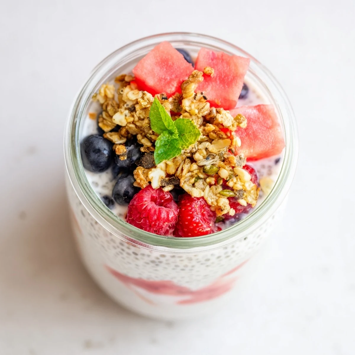 Glass jar layered with watermelon chia parfait topped with fresh berries and mint