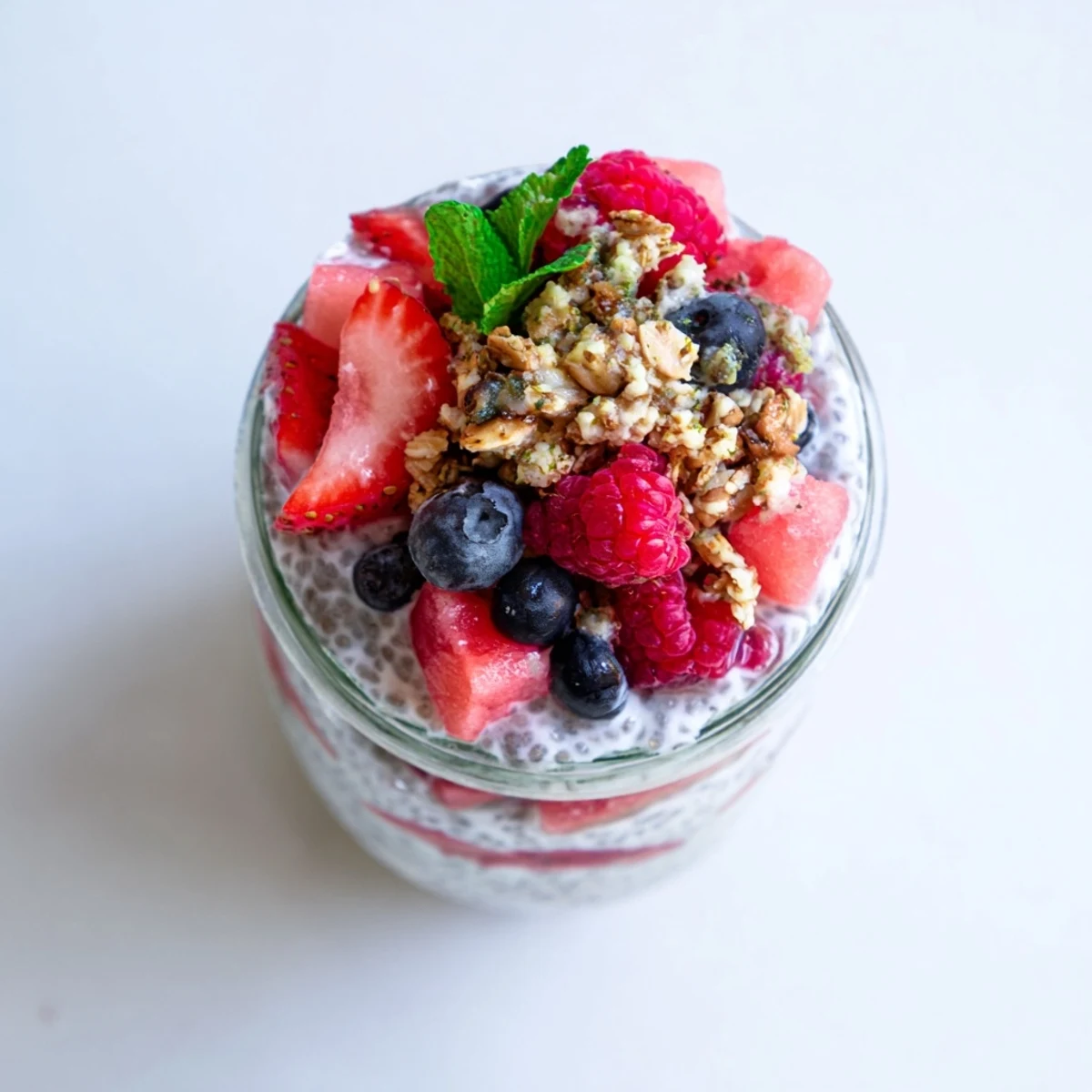 Vibrant watermelon chia parfait parfait layered with creamy pudding and fresh summer berries