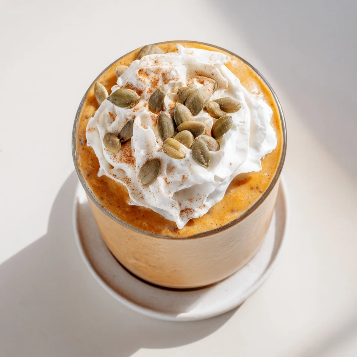 Chilled autumn pumpkin chia beverage topped with coconut cream and rustic pumpkin seed garnish