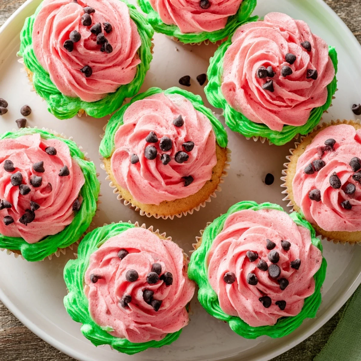 Moist watermelon cupcakes topped with fluffy pink frosting and chocolate chip seeds