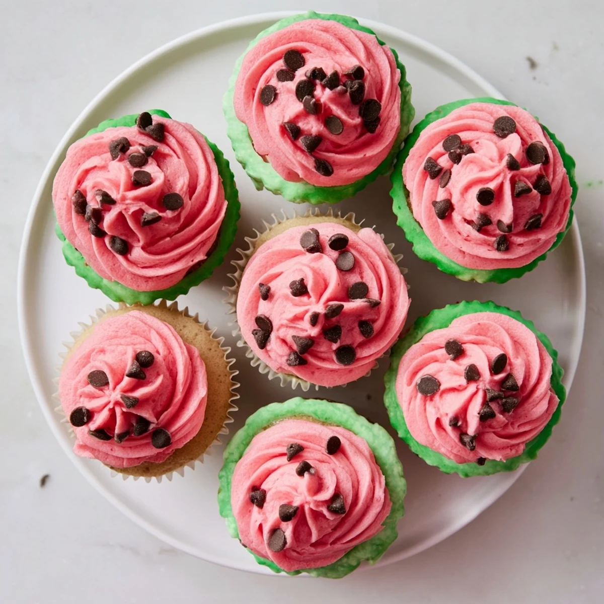 Freshly baked watermelon cupcakes decorated with creamy swirled frosting and green rind edges