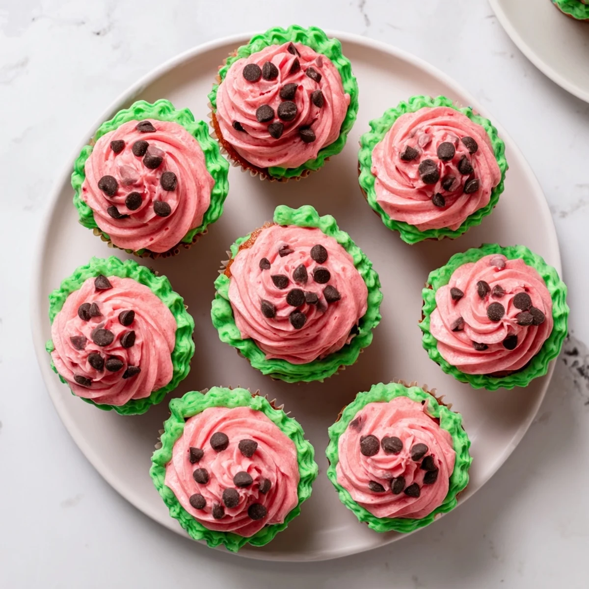 Pink watermelon cupcakes with watermelon-infused buttercream frosting on a decorative white plate