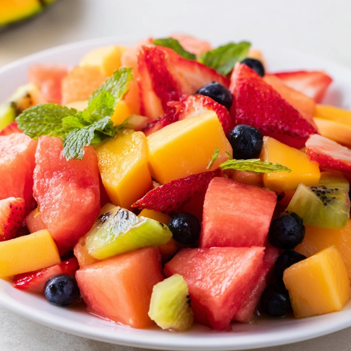Fresh colorful summer fruit salad bowl drizzled with citrus-mint syrup on a wooden table