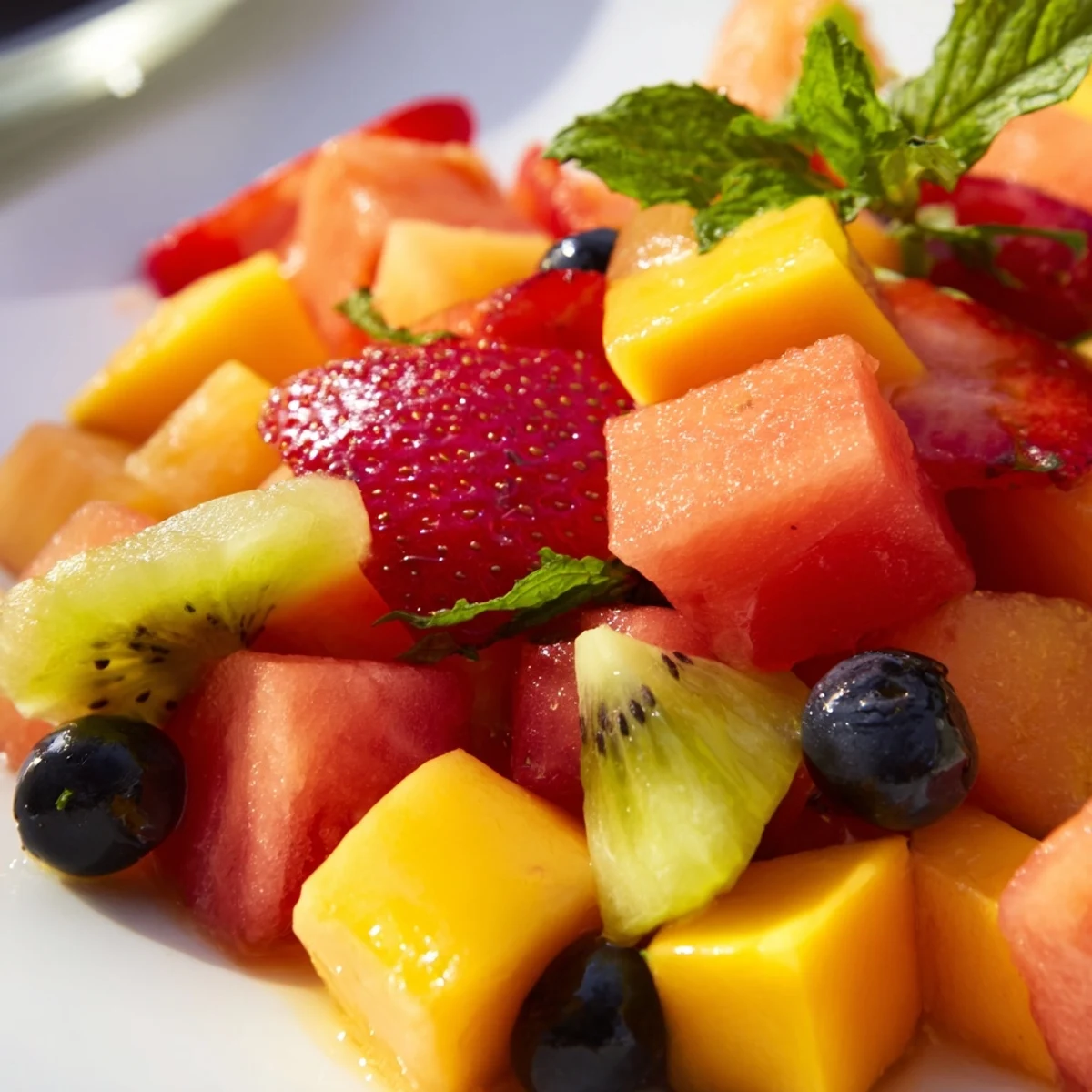 Vibrant bowl of juicy seasonal fruit salad coated in refreshing citrus and honey mint dressing