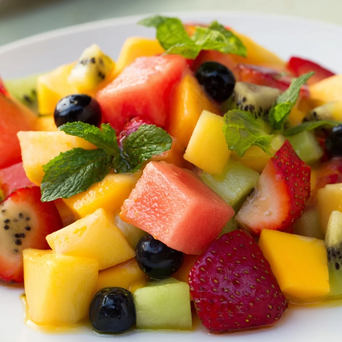 Chilled medley of watermelon mango strawberries and cantaloupe tossed with zesty lime orange mint syrup