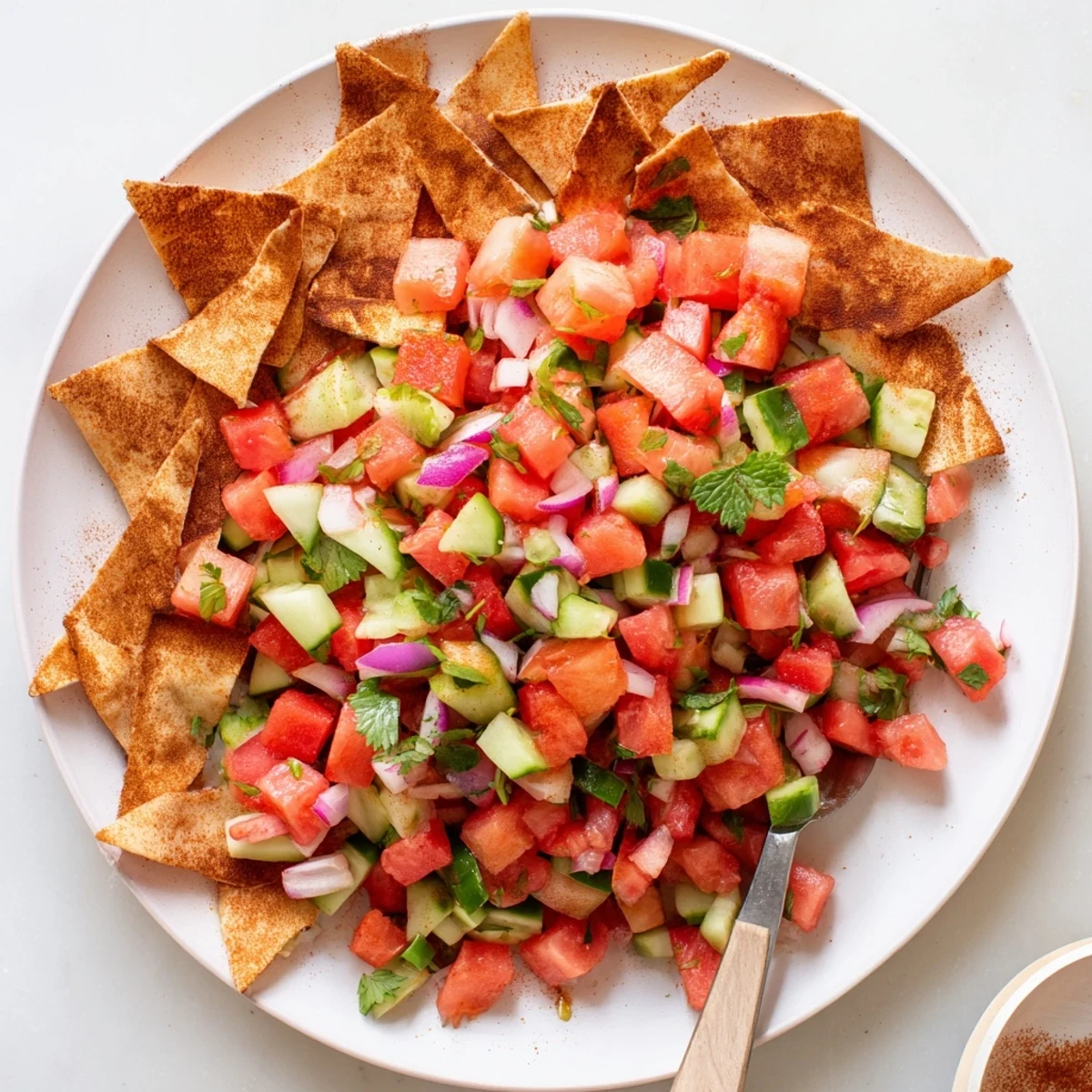 Fresh watermelon salsa with cucumber, cilantro, and lime served alongside crispy cinnamon sugar tortilla chips