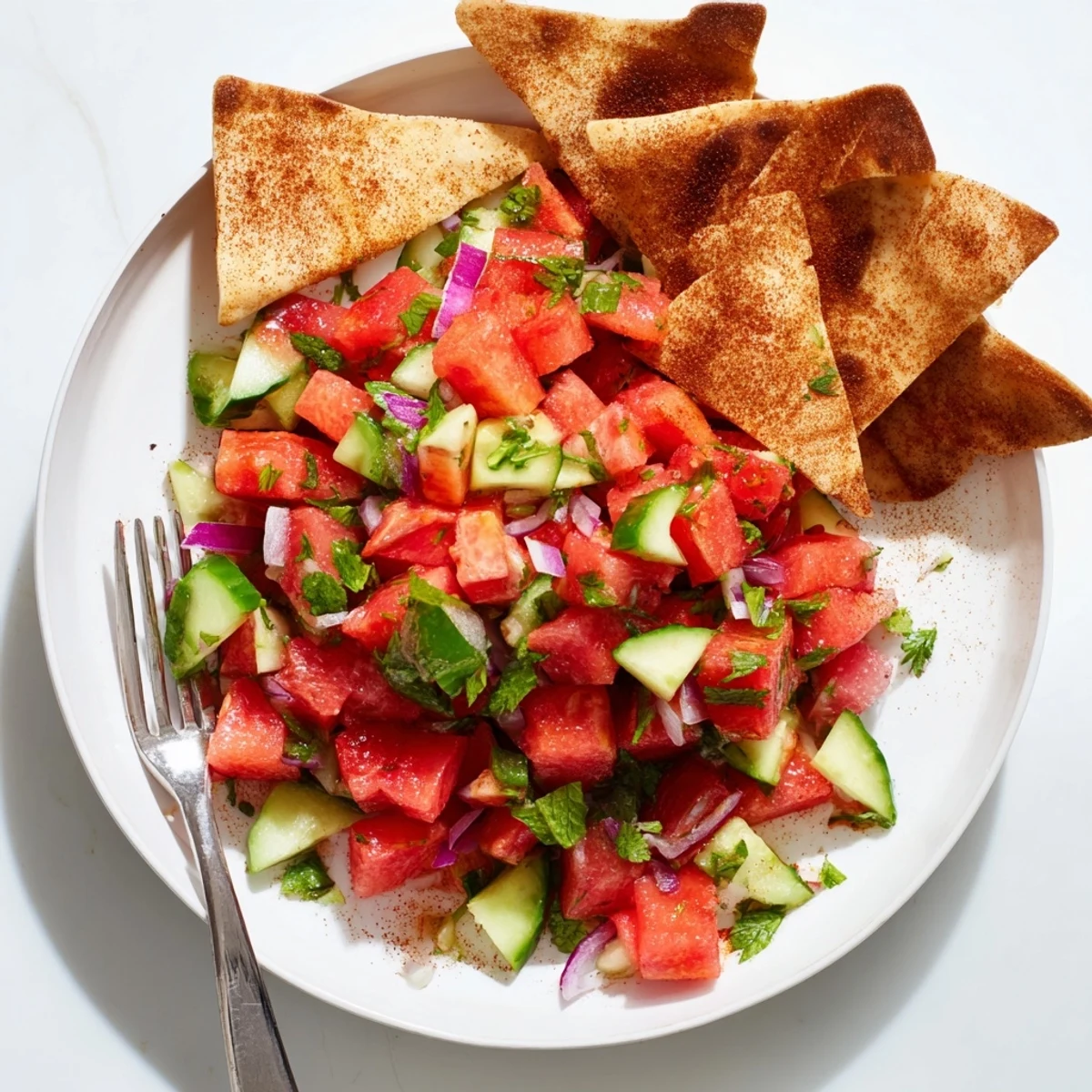 Colorful bowl of watermelon salsa featuring diced red melon, peppers, and onions paired with warm cinnamon chips