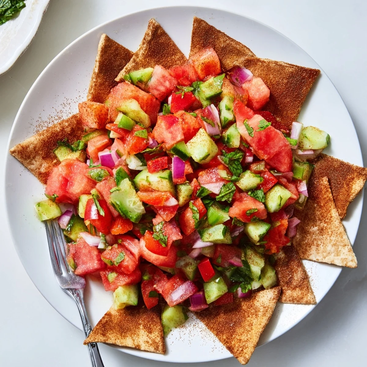 Sweet and spicy watermelon salsa scooped onto golden brown cinnamon tortilla chips for a summer appetizer