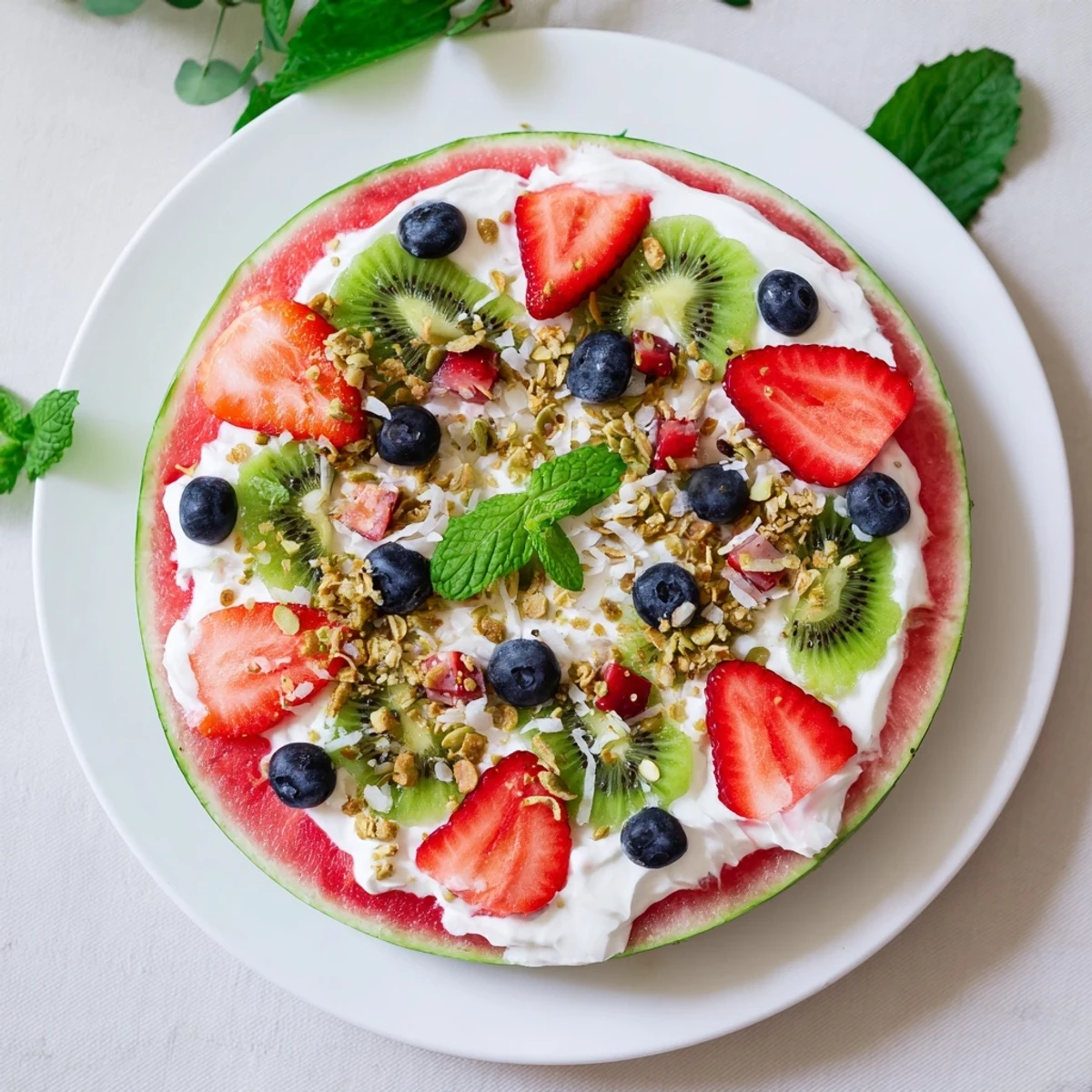 Refreshing watermelon pizza slice featuring yogurt spread with strawberries and kiwi