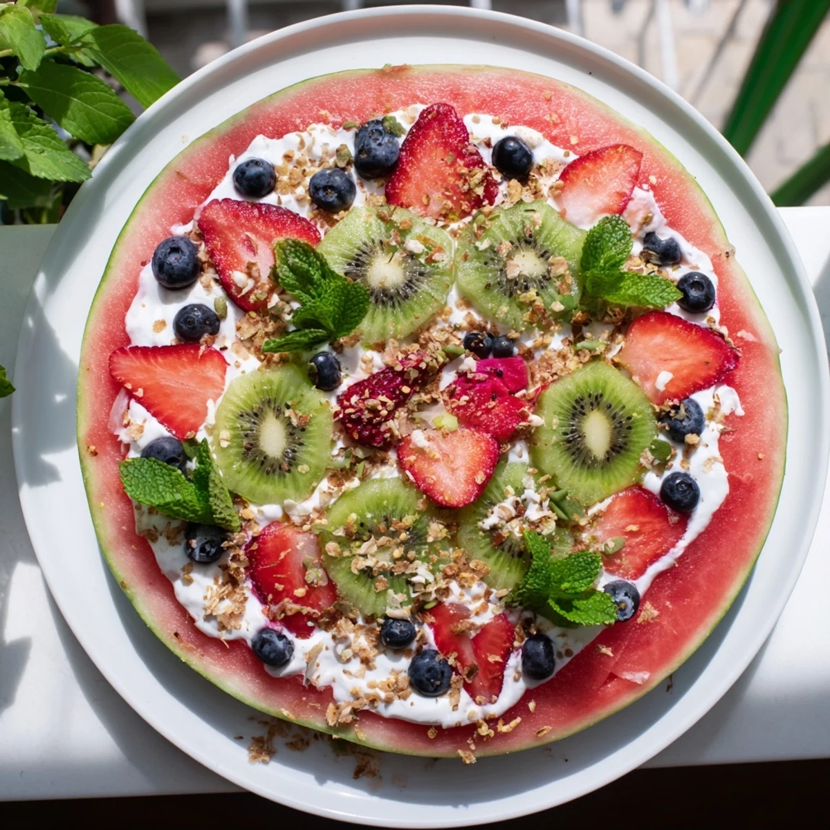 Colorful watermelon pizza topped with creamy Greek yogurt and fresh summer berries