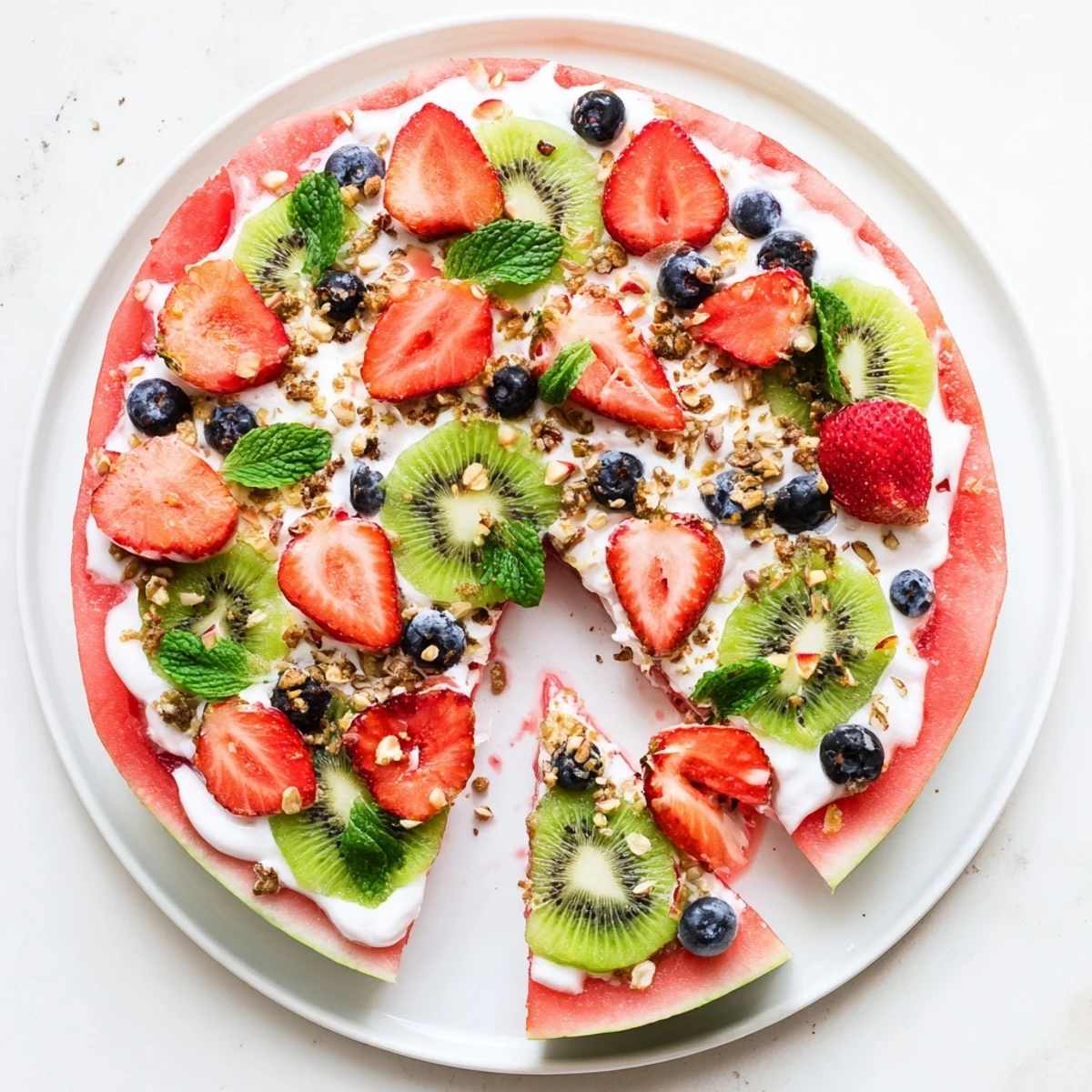 Vibrant dessert watermelon pizza with honey yogurt and colorful fruit toppings