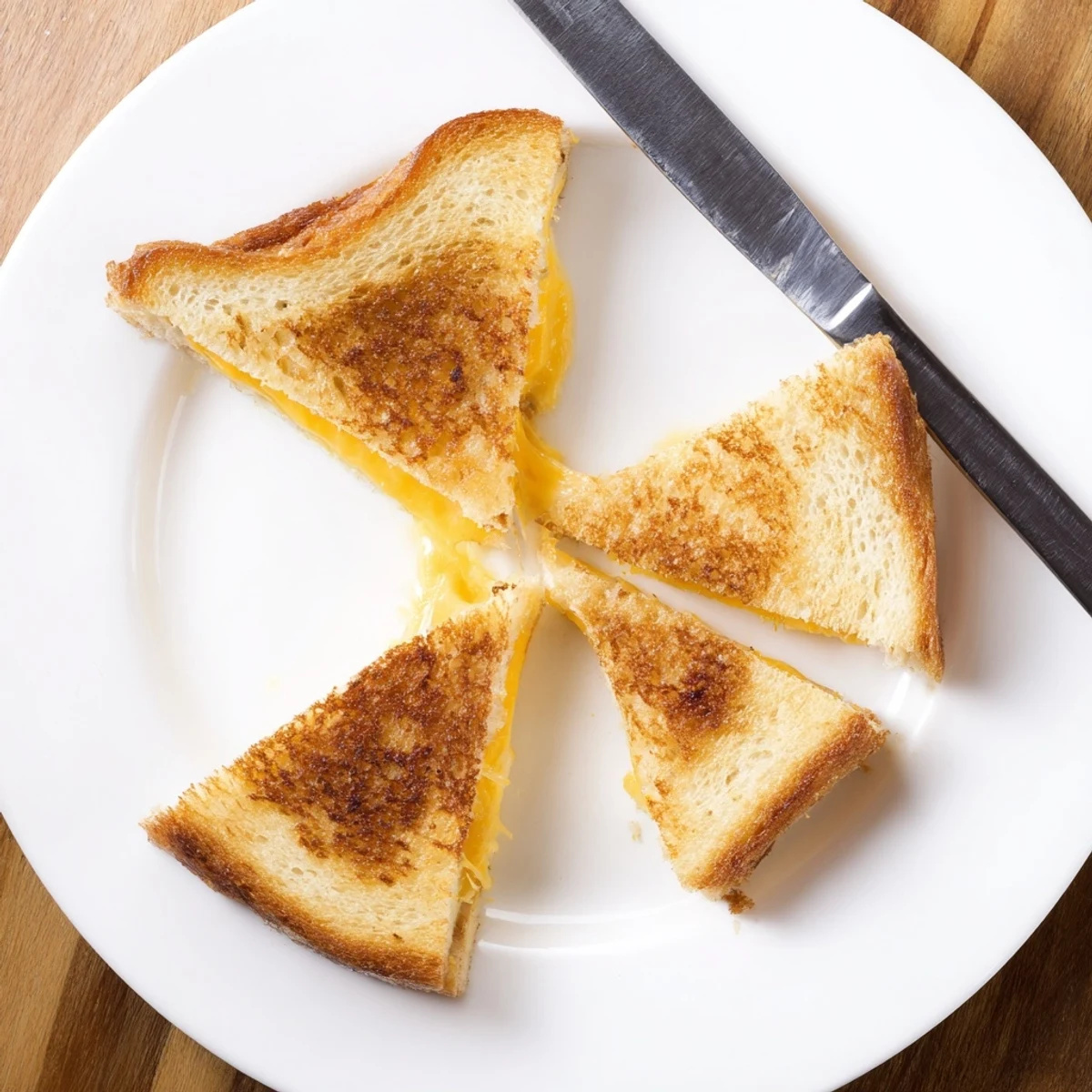 Golden brown grilled cheese sandwich with melted cheddar oozing from crispy buttered bread slices