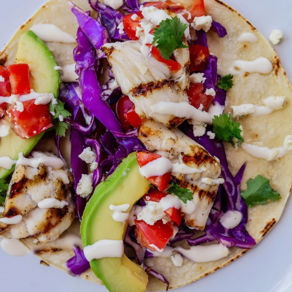Golden grilled fish tacos topped with fresh cilantro, cabbage, avocado slices, and zesty lime
