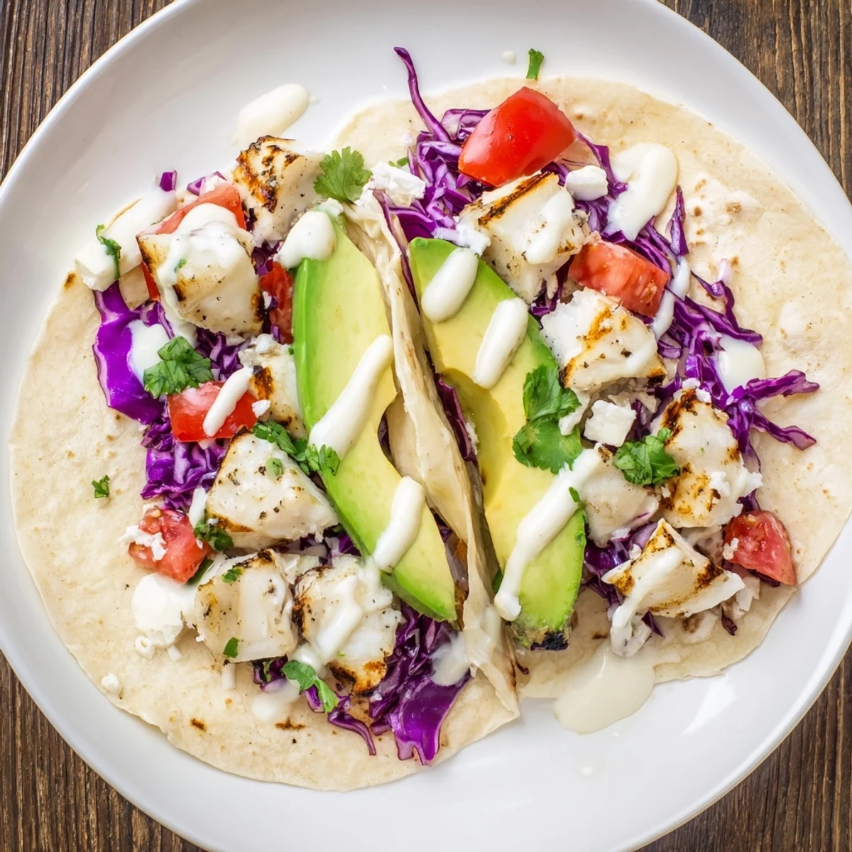 Delicious grilled fish cilantro tacos drizzled with lime crema and garnished with ripe avocado