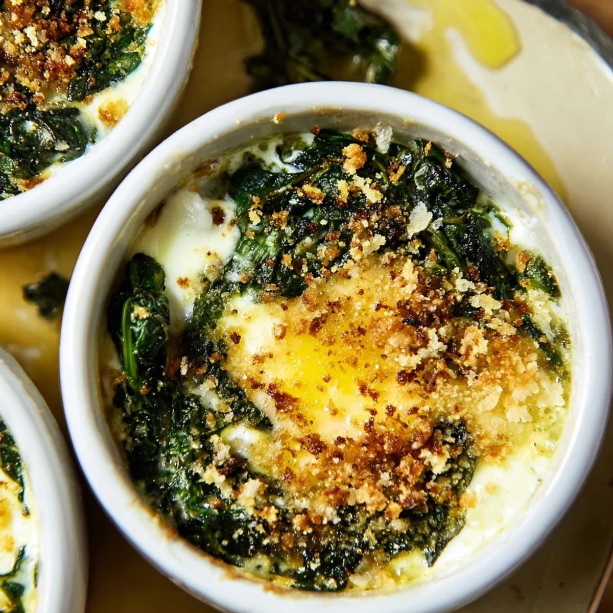 Golden baked eggs spinach parmesan in ramekins with runny yolks and melted cheese topping