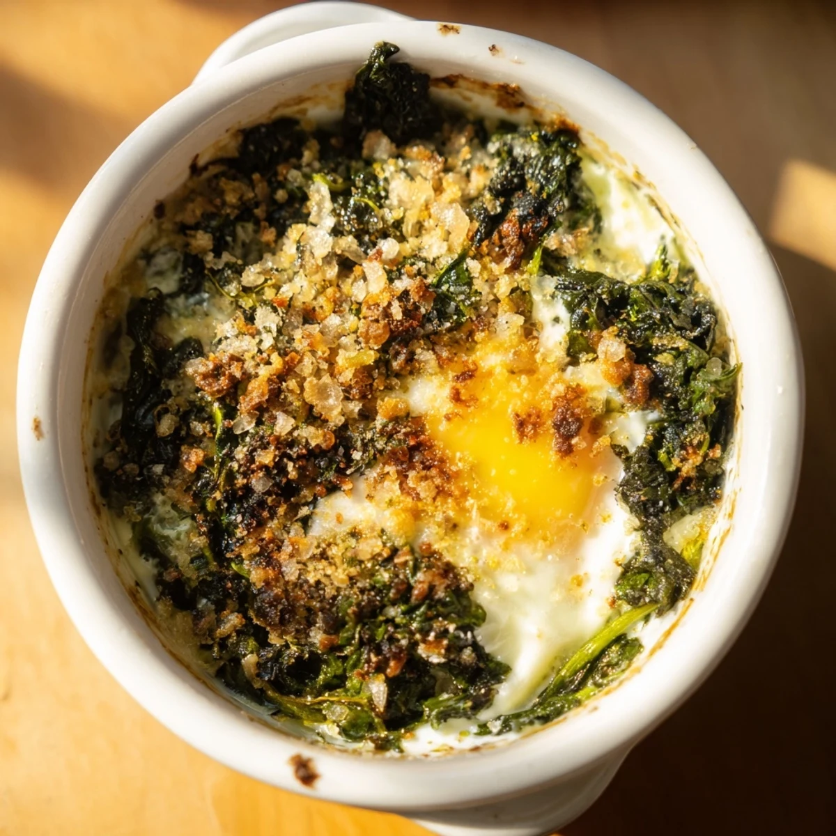 Individual ramekins of baked eggs spinach parmesan with fresh herbs and crusty bread on side